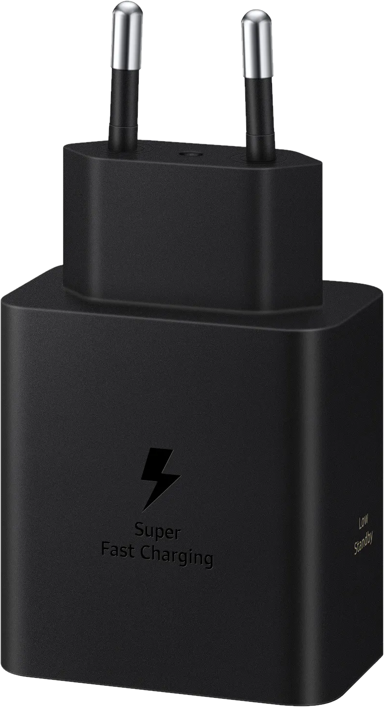 Un adattatore nero Samsung Super Fast Charging con spine argentate e un simbolo del fulmine.