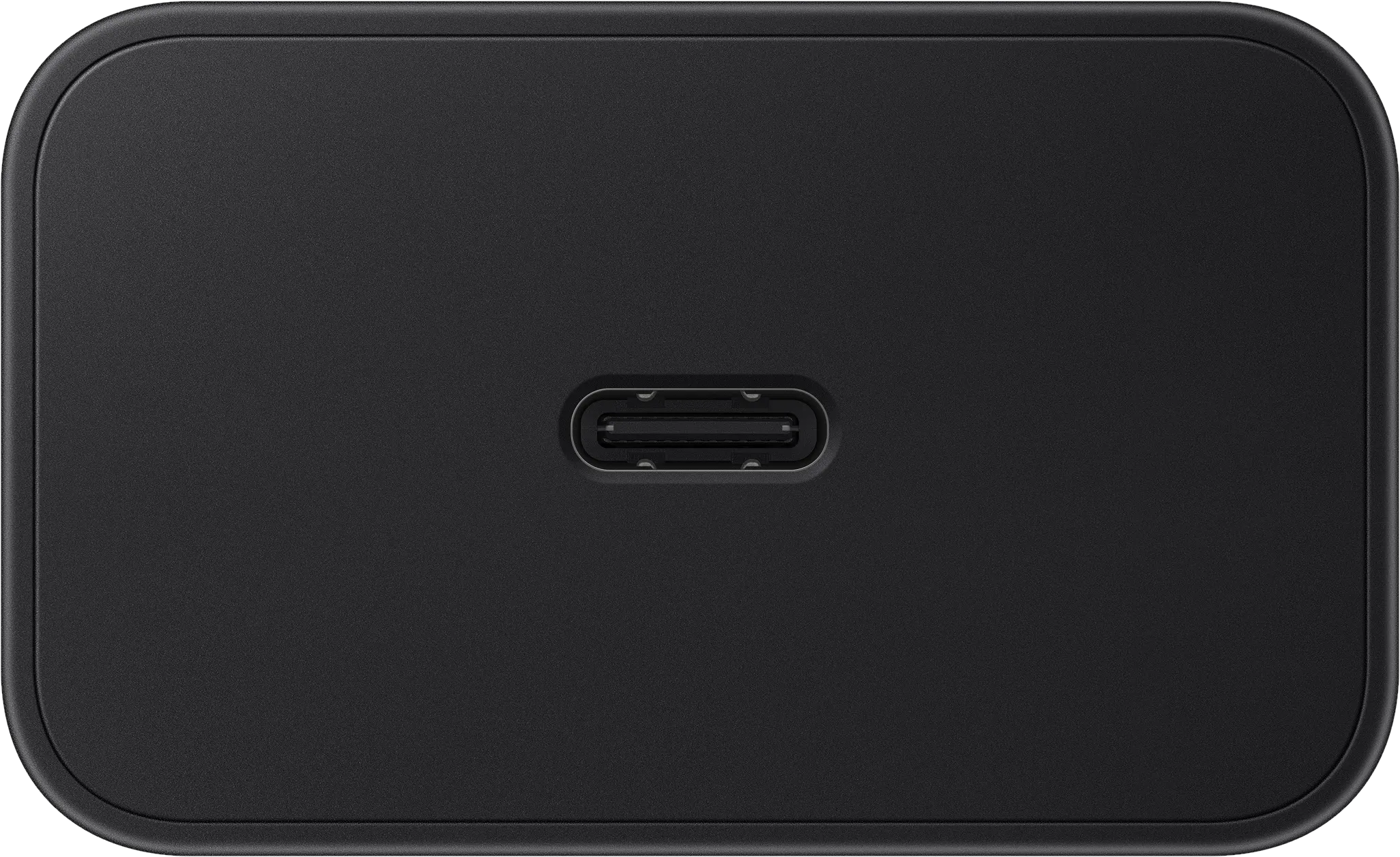 Un dispositivo nero rettangolare con angoli arrotondati e una porta USB-C al centro.