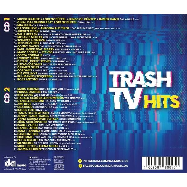 CD-Cover. Titel 'TRASH TV HITS'. Listet Songs und Künstler. Blau-weiß.