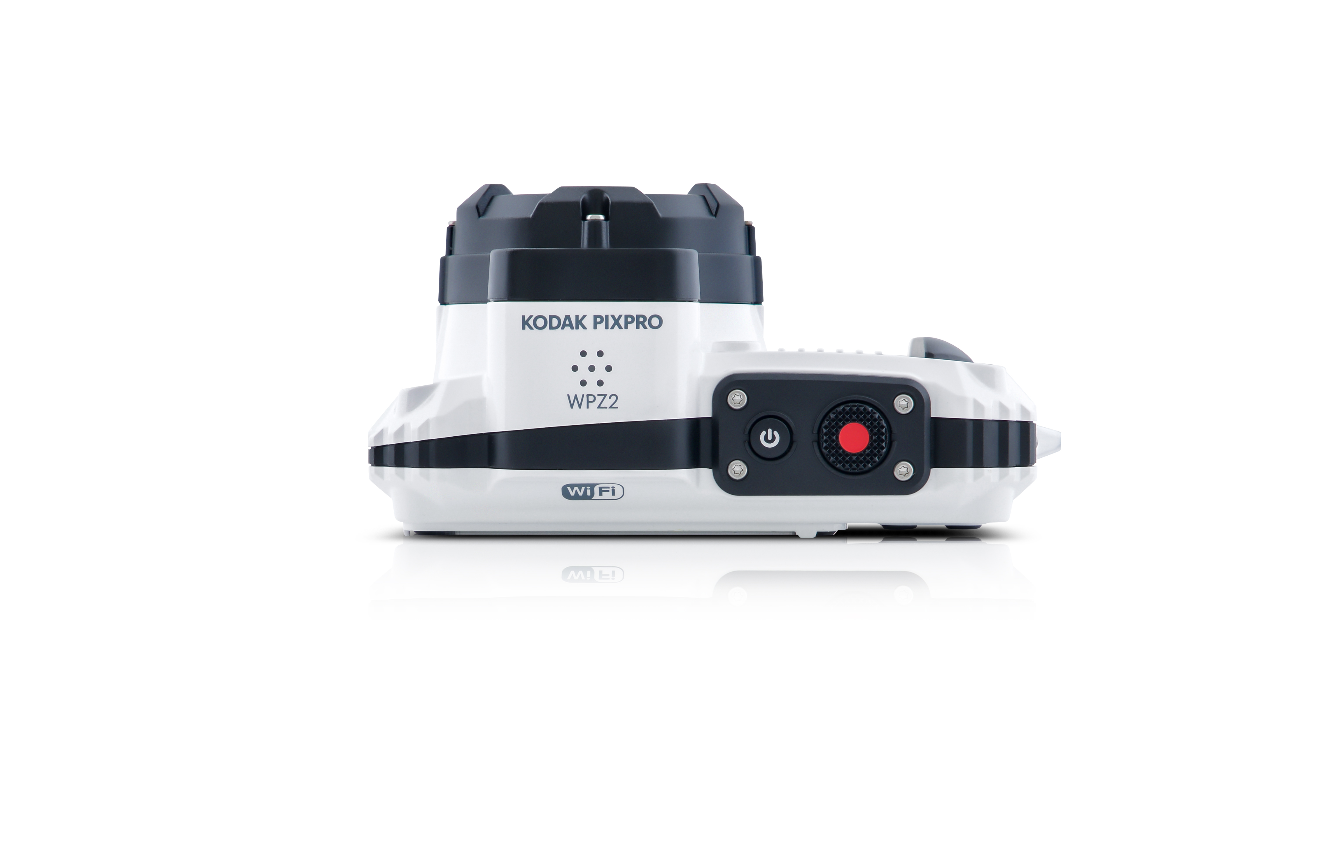 Beyaz ve siyah bir Kodak Pixpro WPZ2 kamera. Bir güç düğmesi, bir kayıt düğmesi ve bir Wi-Fi sembolü var.