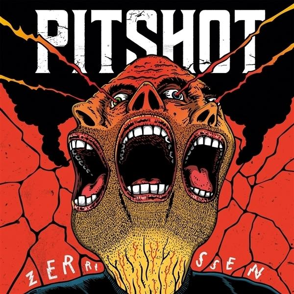 Poster einer mehrgesichtigen Figur, die schreit. Roter und schwarzer Hintergrund mit den Wörtern "PITSHOT" und "ZERRISSEN".