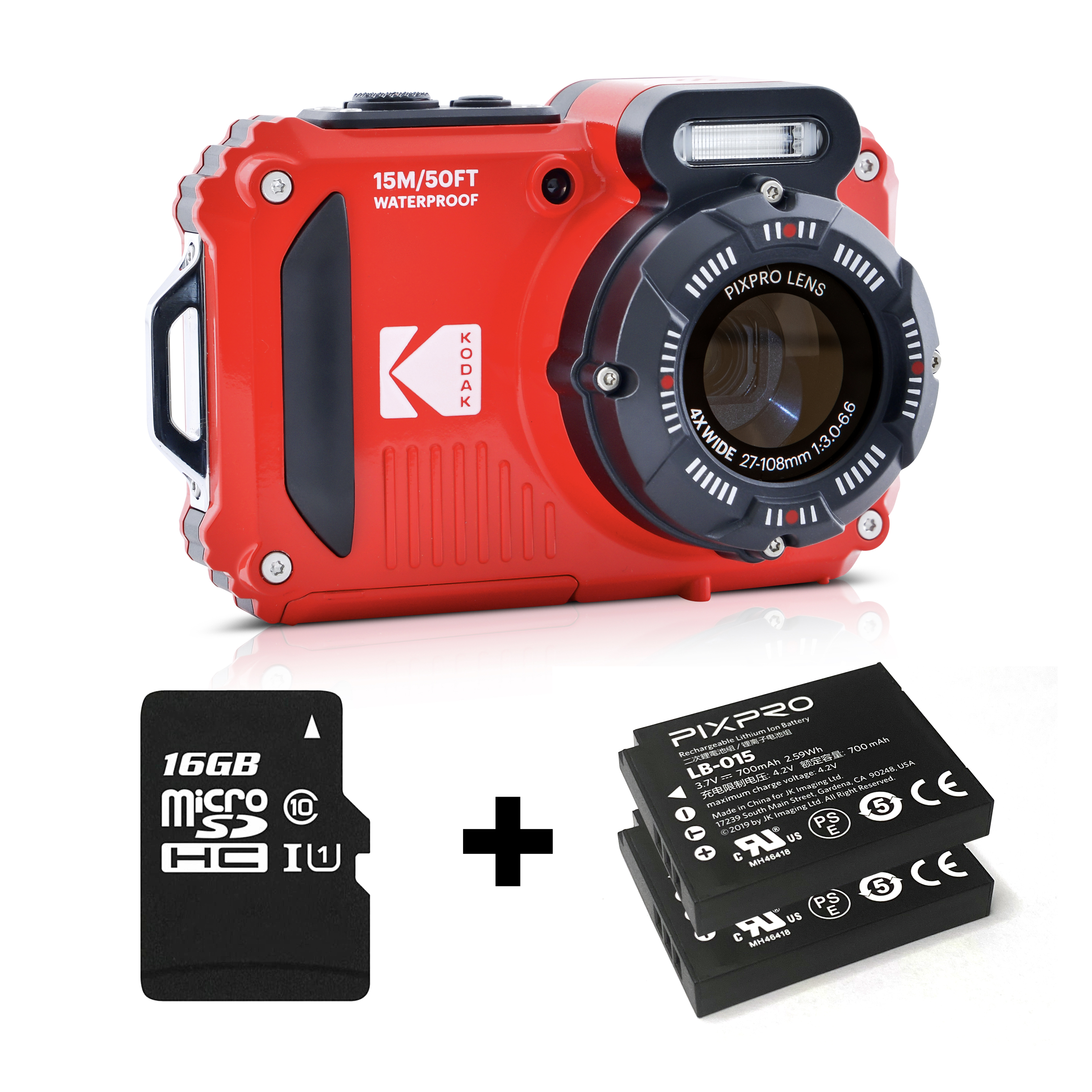 Beyaz zemin üzerinde kırmızı Kodak su geçirmez kamera, SD kart ve iki pil.