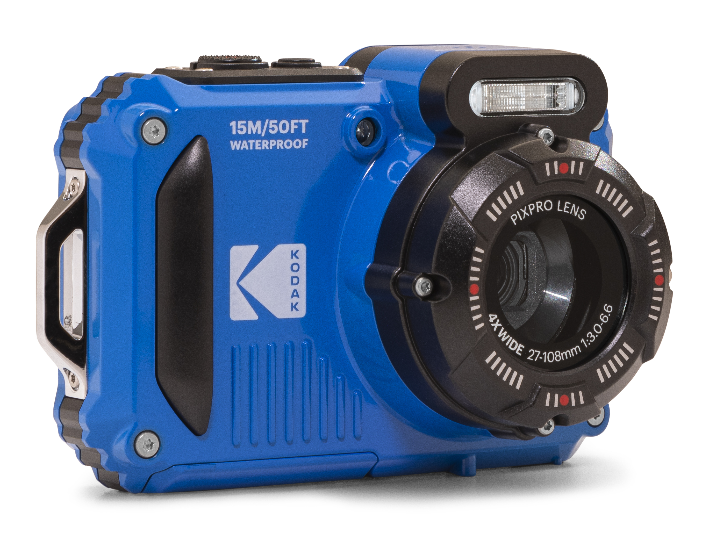 Mavi ve siyah Kodak su geçirmez kamera. Kamerada bir lens, flaş ve '15M/50FT WATERPROOF' yazan beyaz metin var.