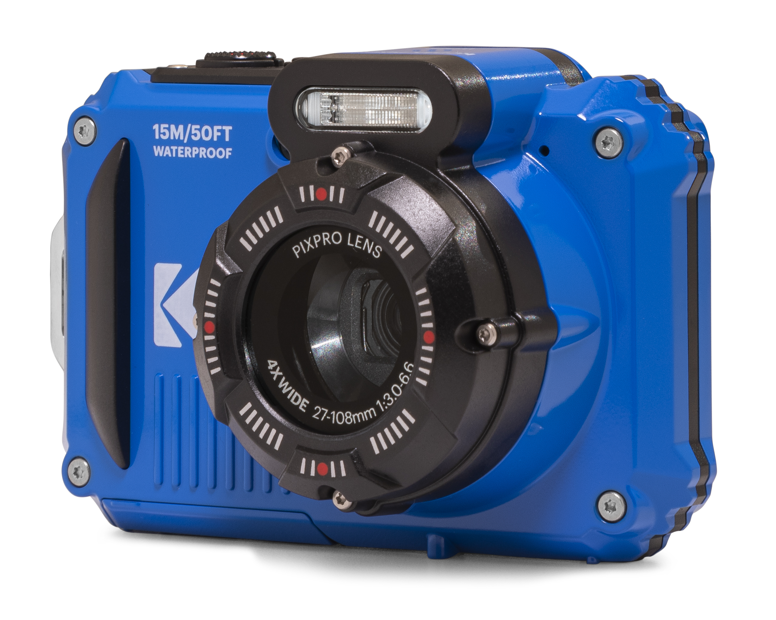 Siyah lens ve flaşlı mavi su geçirmez kamera. Üzerinde 15M/50FT WATERPROOF ve PIXPRO LENS yazıyor.