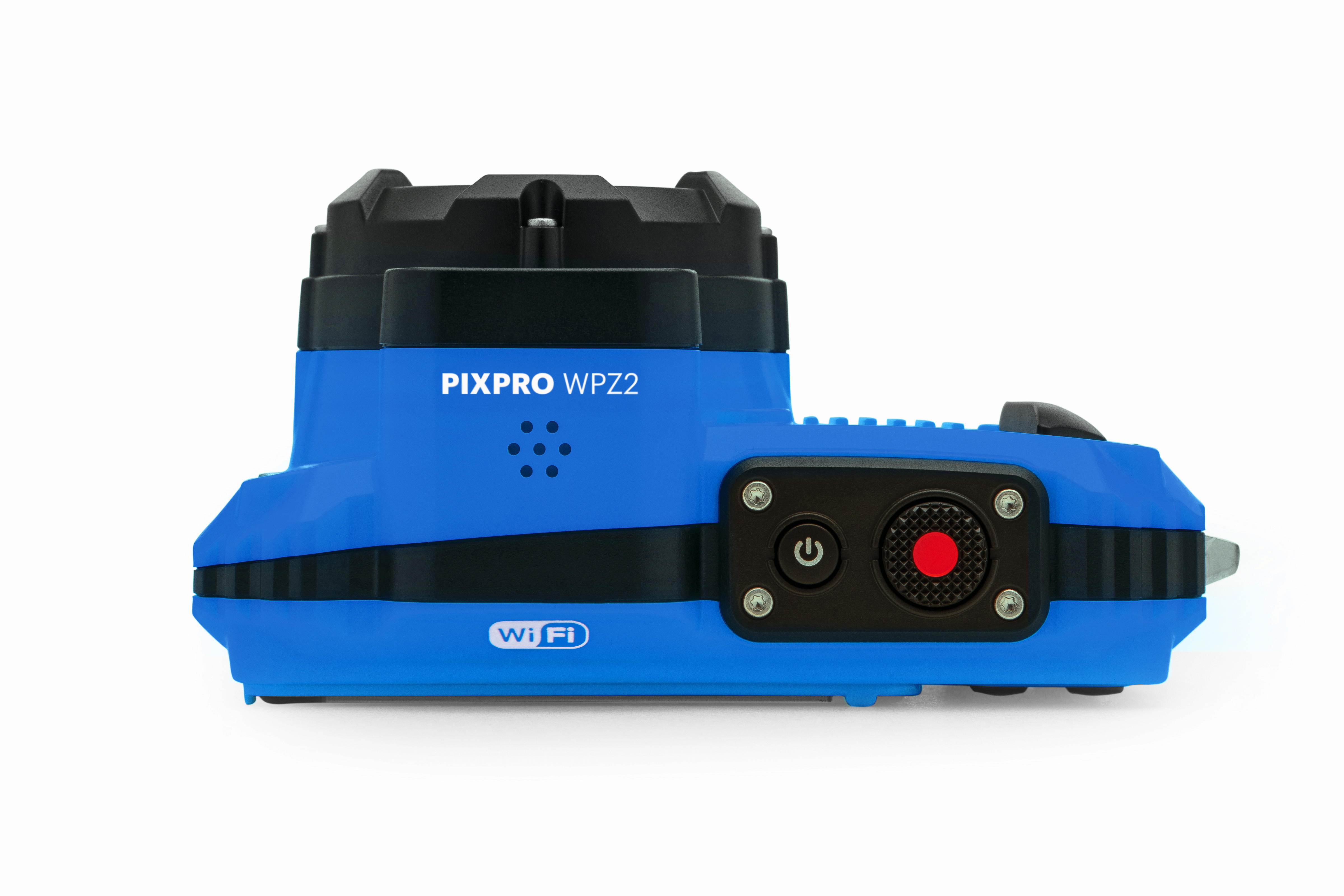 Mavi ve siyah Pixpro WPZ2 kamera. Kırmızı kayıt düğmesi ve güç düğmesi var. Beyaz Wi-Fi logosu.
