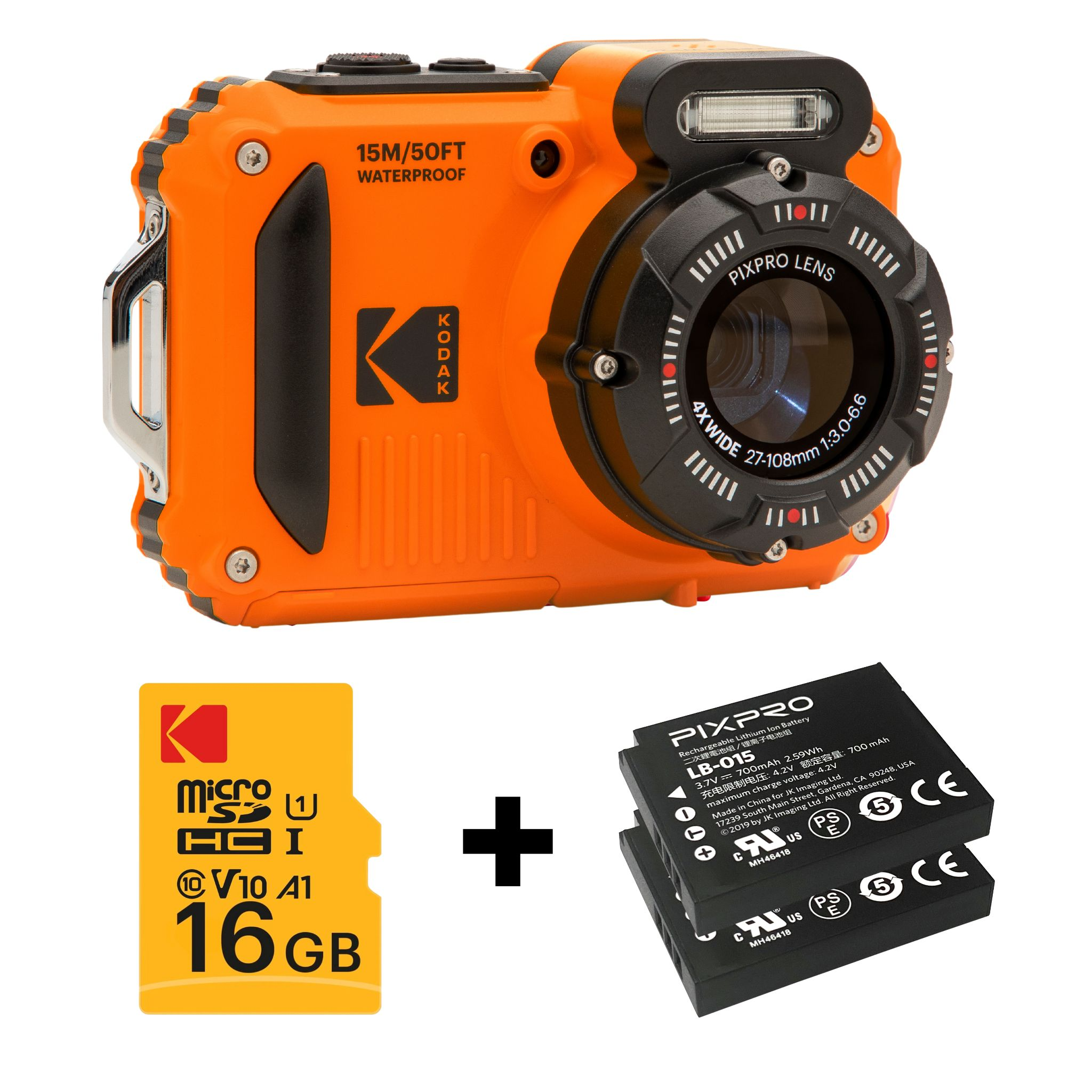 Turuncu bir Kodak Pixpro su geçirmez kamera, 16 GB SD kart ve iki pil görüntüleniyor.
