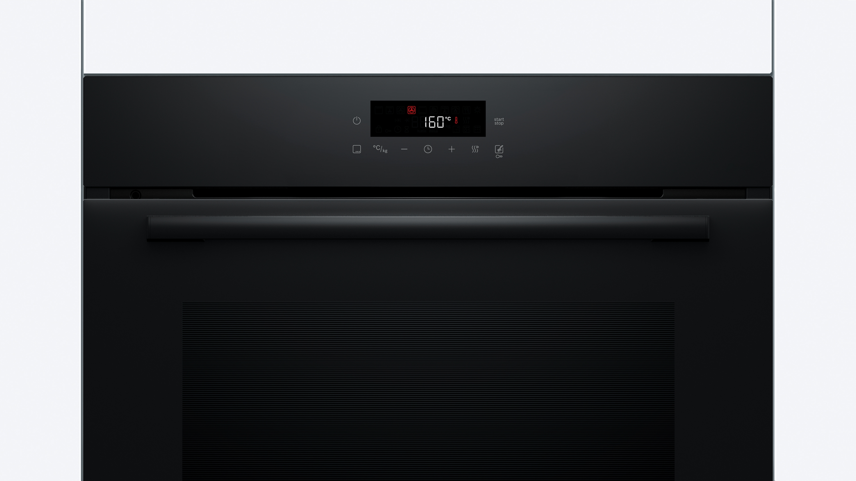 Schwarzer Backofen mit digitaler Anzeige von 160°C. Bedienelemente: Leistung, Temperatur und Funktionseinstellungen.