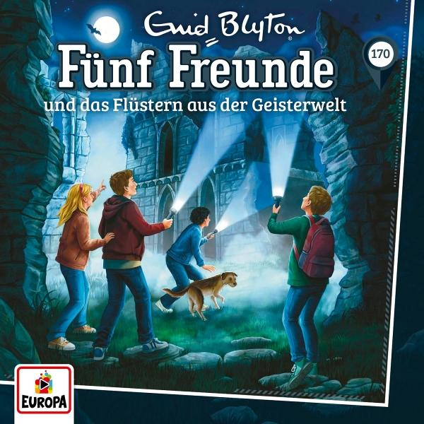Buchcover: Fünf Freunde mit Taschenlampen erkunden nachts ein Schloss mit einem Hund. Titel: Fünf Freunde und das Flüstern aus der Geisterwelt.