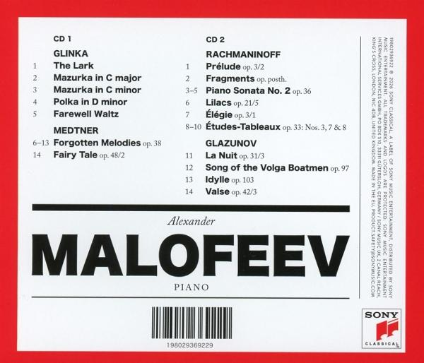 CD-Cover. Listet Musikkompositionen von Glinka, Medtner und anderen auf. Enthält den Namen Malofeev.