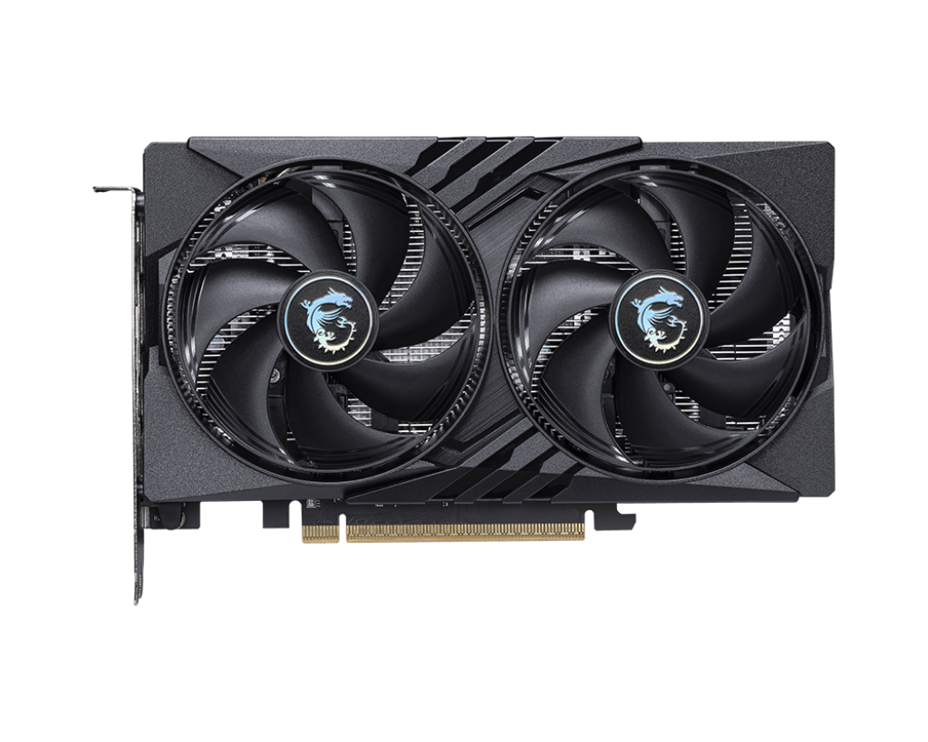 İki fanlı siyah bir MSI grafik kartı. Her fanın siyah kanatları ve merkezi bir logosu var. Kartın altın bir konektörü ve siyah bir gövdesi var.