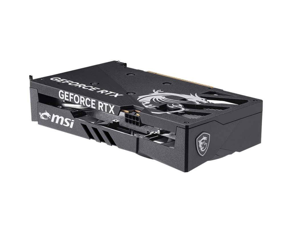 Siyah bir MSI GeForce RTX grafik kartı. Üzerinde bir ejderha logosu ve 'GEFORCE RTX' yazısı var. Arka plan siyahtır.