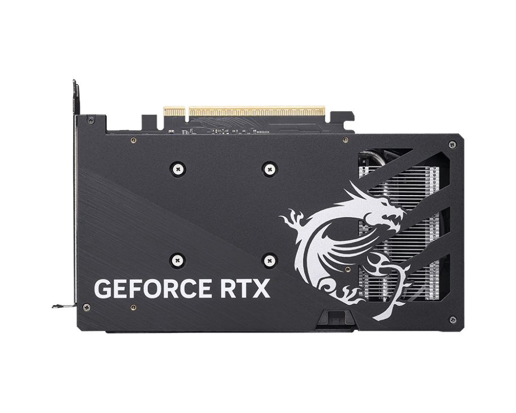 Siyah bir GeForce RTX grafik kartı, beyaz ejderha logosu ve gümüş soğutucu, siyah arka plan üzerinde.
