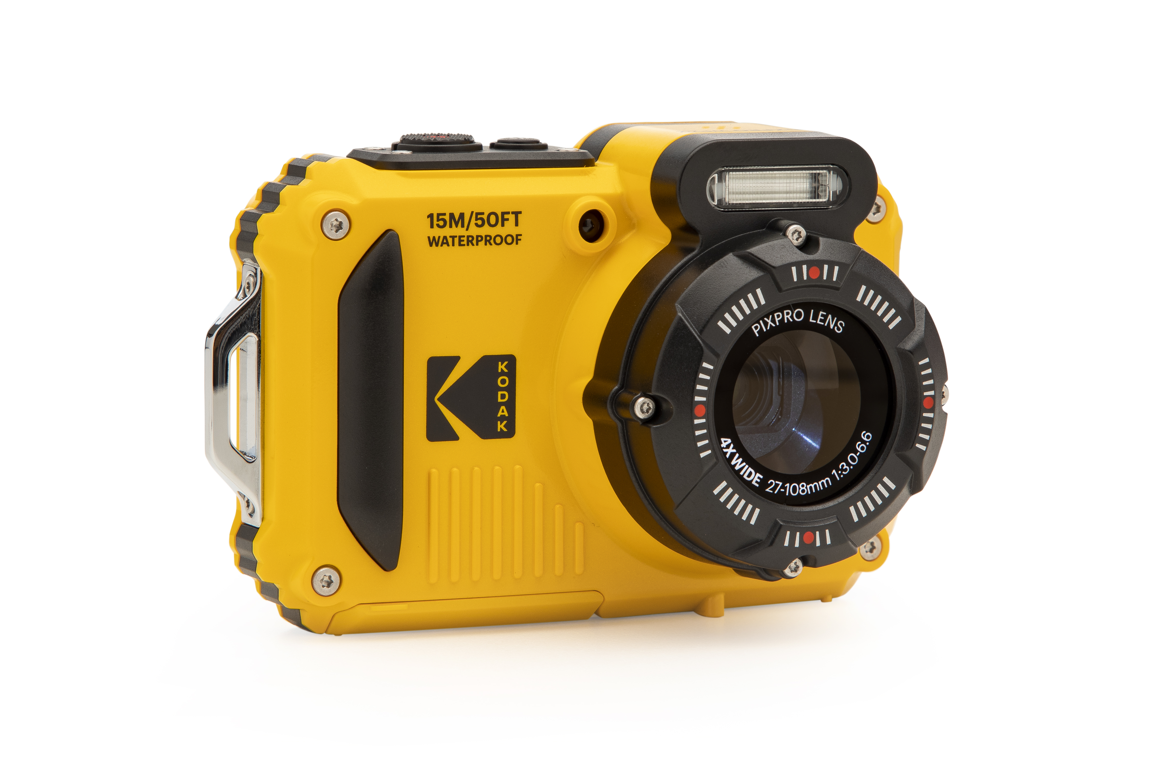 Sarı Kodak Pixpro su geçirmez kamera. Siyah lens ve detaylar. Beyaz zemin.