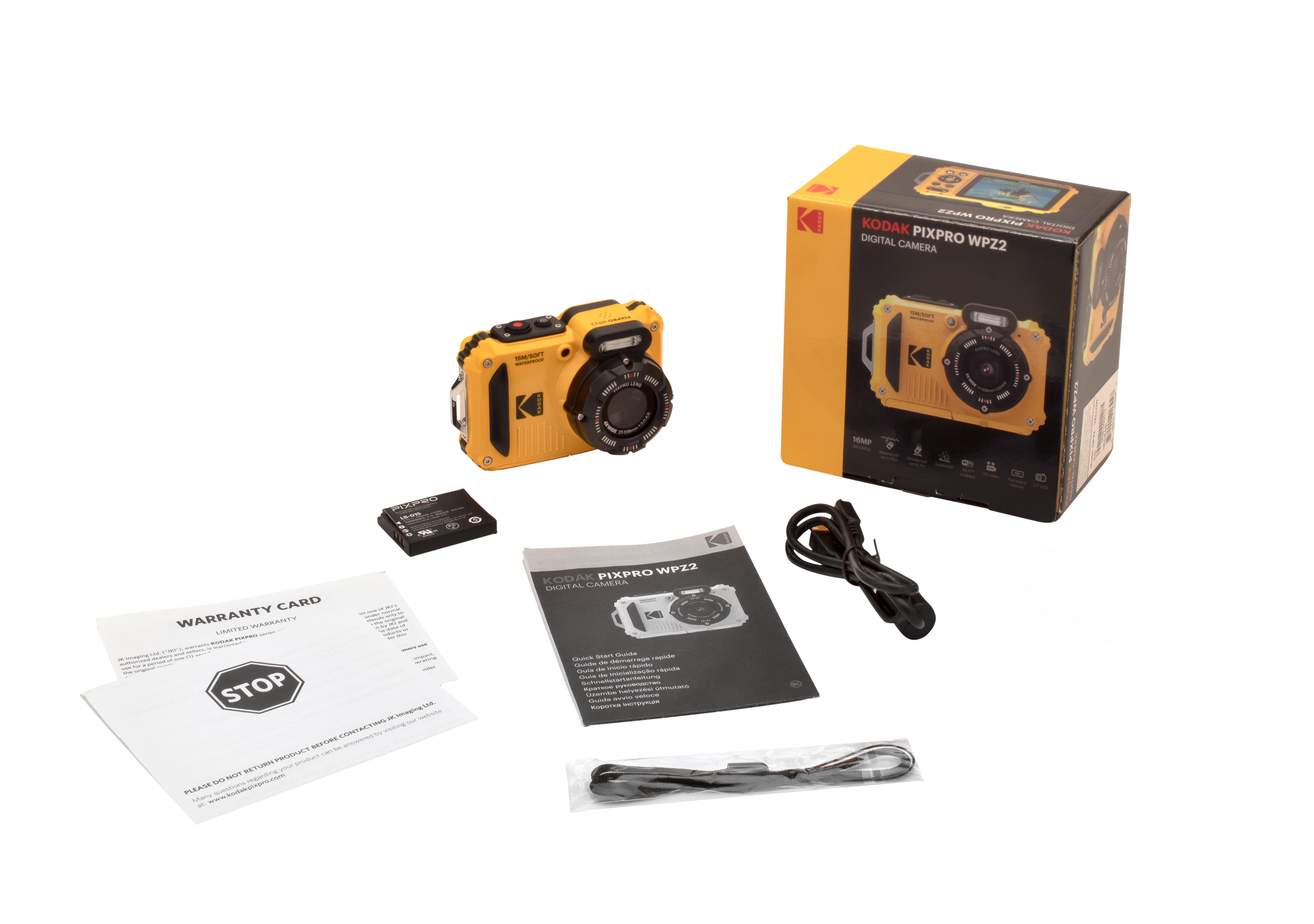 Beyaz zemin üzerinde turuncu Kodak Pixpro WPZ2 kamera ve aksesuarları.
