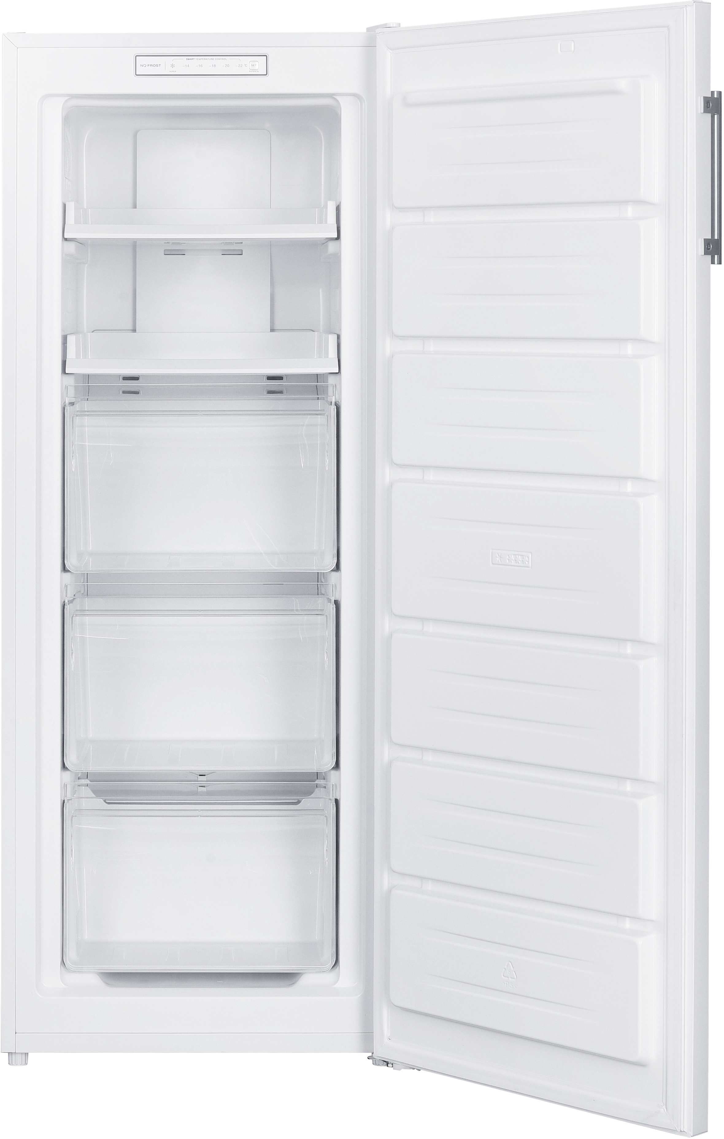 Congélateur blanc ouvert avec tiroirs et étagères transparents. La porte est ouverte, révélant des compartiments. Panneau de contrôle.