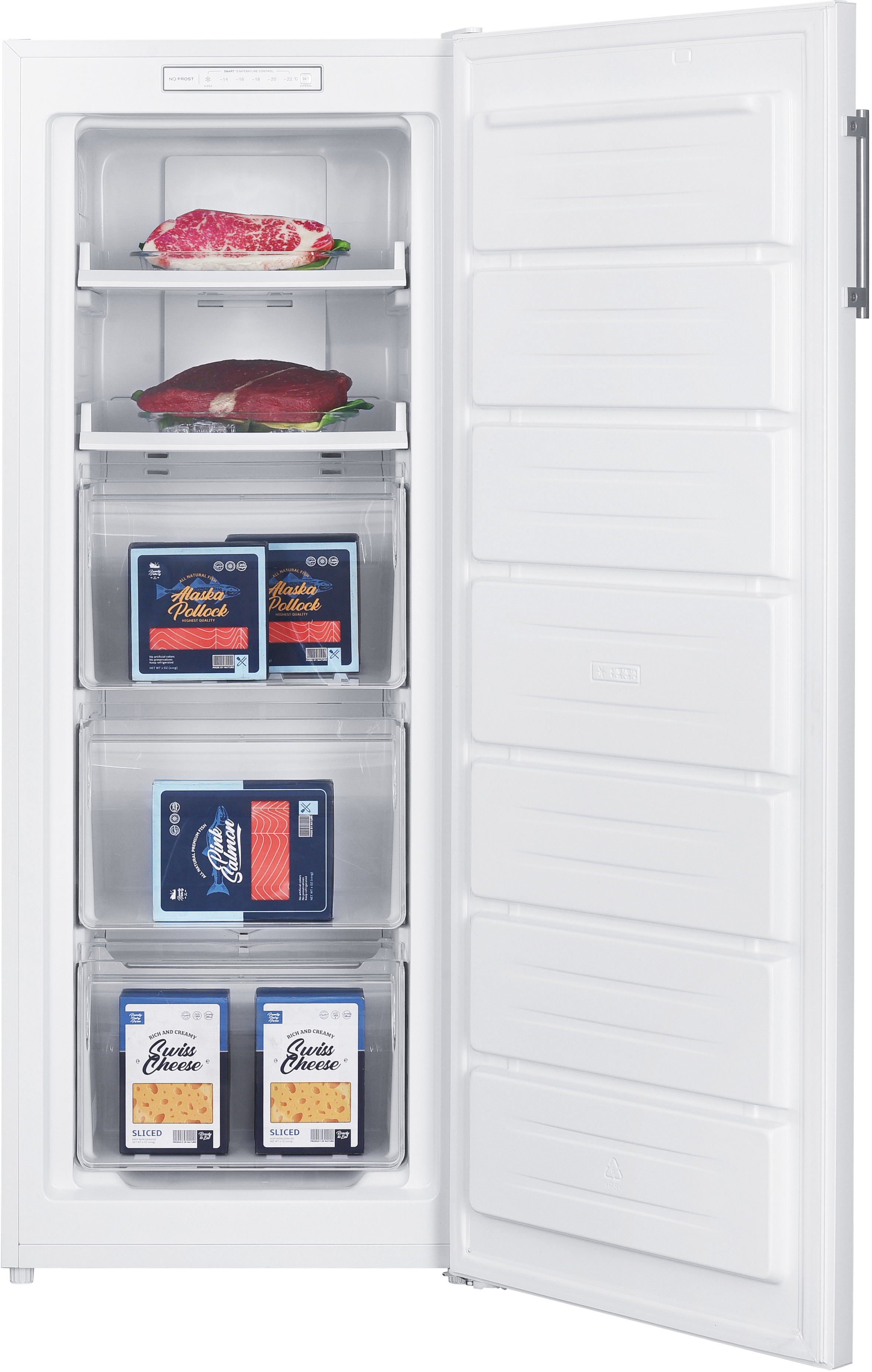 Congélateur blanc ouvert avec des aliments à l'intérieur, dont de la viande, du poisson et du fromage. La porte est à droite.