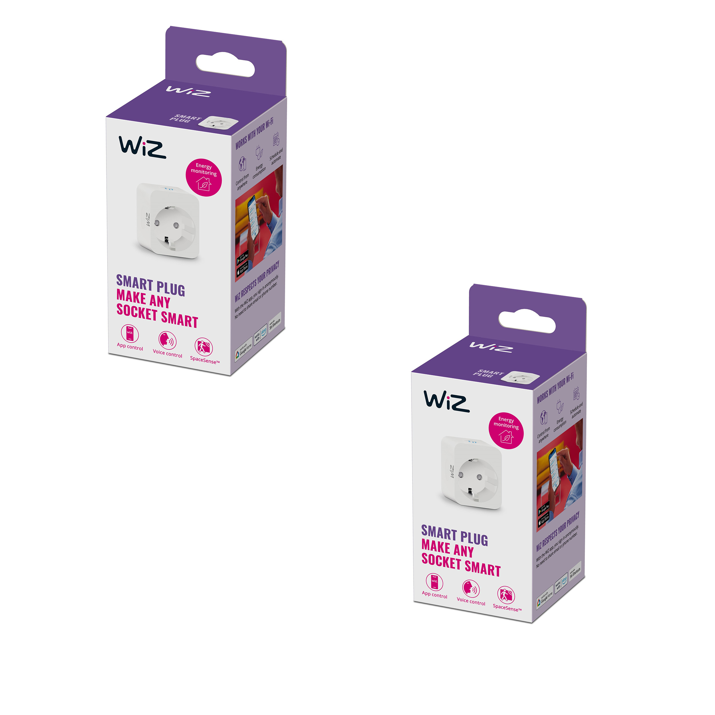Zwei Schachteln mit WiZ Smart Plugs. Jede Schachtel ist weiß mit lila Akzenten und zeigt das Produkt und seine Funktionen.