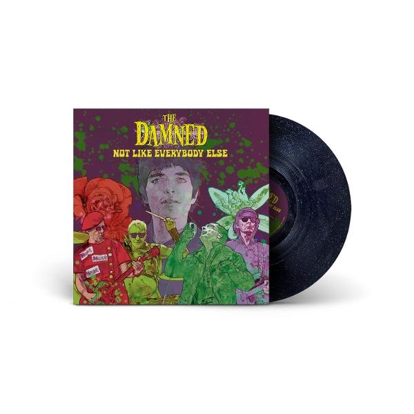 Albumcover für The Damned: 'Not Like Everybody Else'. Mit Bandmitgliedern, einem zentralen Porträt und einer schwarzen Schallplatte.
