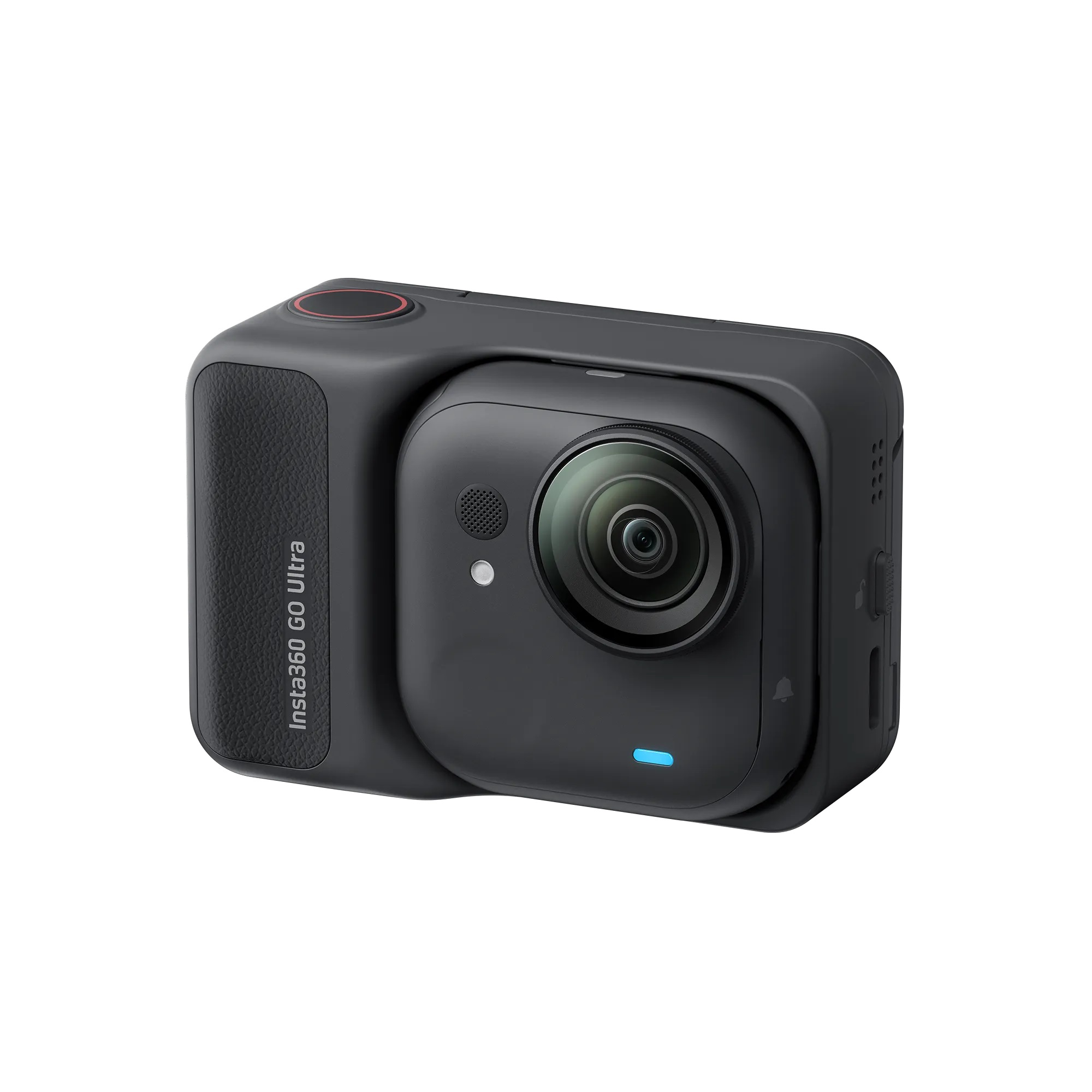 Siyah bir Insta360 GO Ultra kamera. Bir merceği, kırmızı bir düğmesi ve mavi bir gösterge ışığı var. Arka plan beyaz.