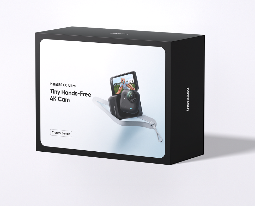 Insta360 kamera içeren siyah kutu. Kutuda kamera ve bir kişiyle bir ekran var. Metin: Tiny Hands-Free 4K Cam.