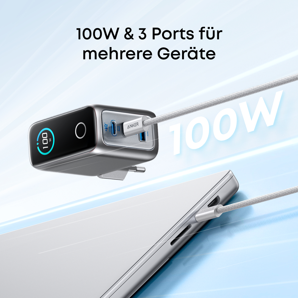 Anker-Ladegerät mit angeschlossenen Geräten. Es zeigt '100W' an und hat mehrere Anschlüsse.
