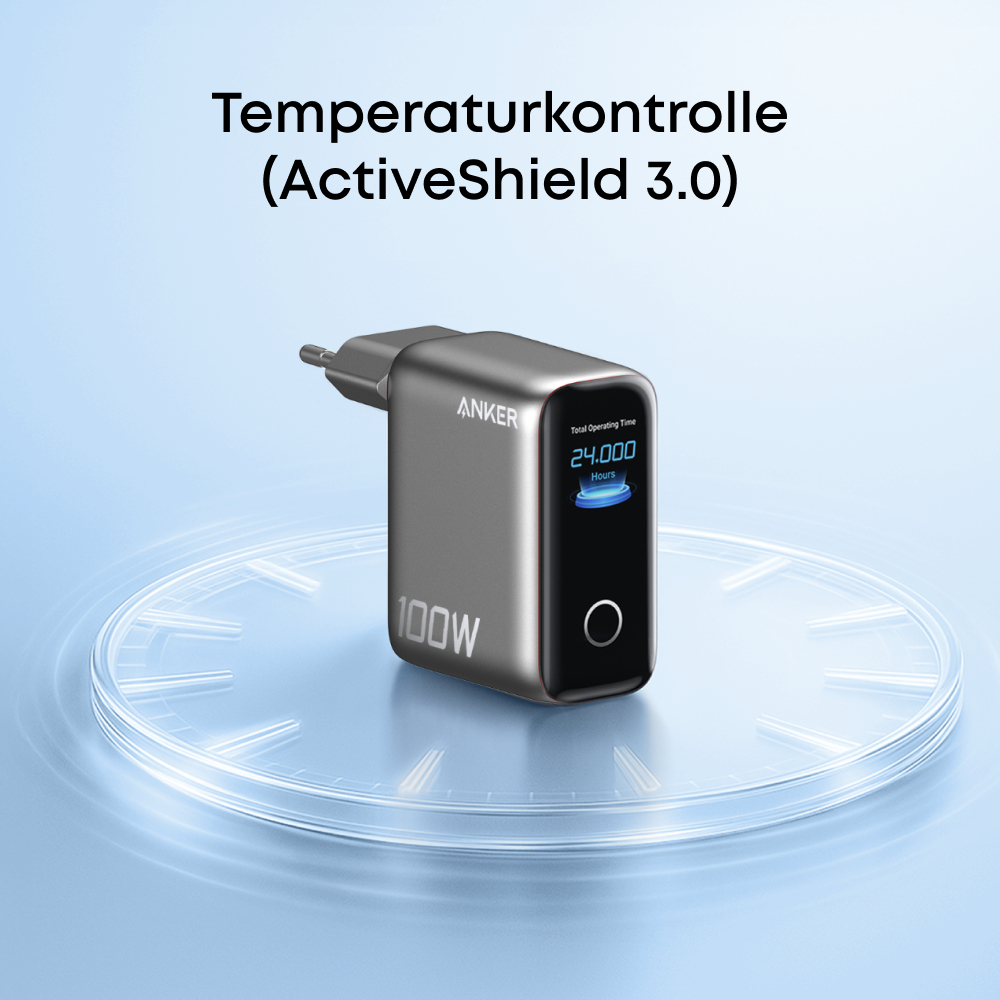 Anker 100W Ladegerät mit Bildschirm, der 24.000 Stunden anzeigt. Silbernes Gehäuse, schwarzer Bildschirm und ein Stecker. Hintergrund hellblau.