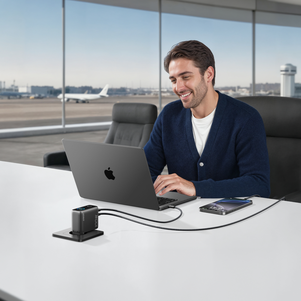 Ein Mann lächelt, während er einen Laptop benutzt. Ein Ladegerät und ein Telefon liegen auf dem Schreibtisch. Ein Flughafen ist durch das Fenster sichtbar.