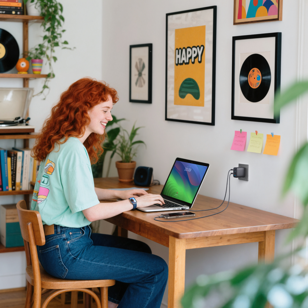 Eine rothaarige Frau arbeitet an einem Laptop an einem Holztisch. An der Wand hängen Bilder und im Vordergrund eine Pflanze.