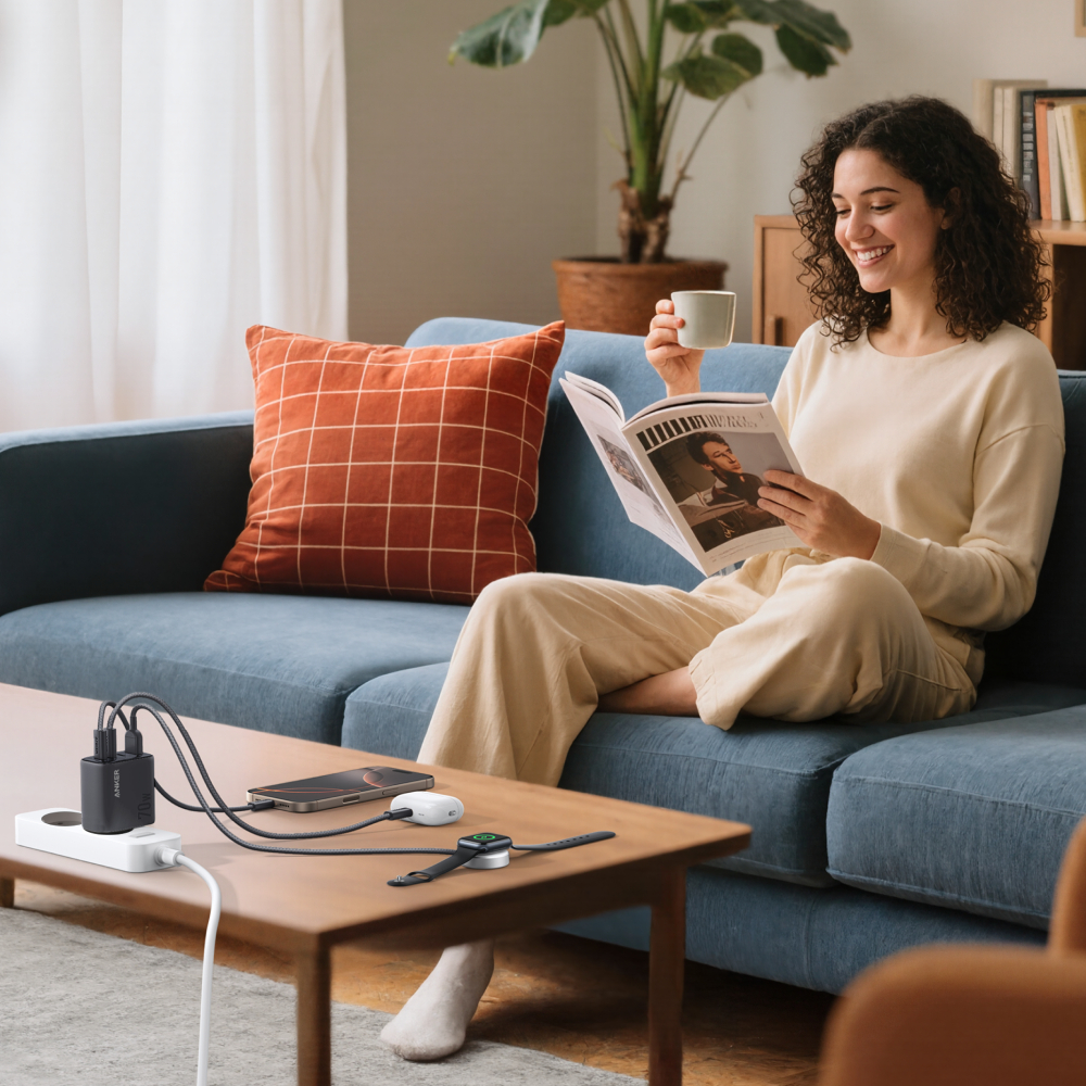 Frau auf blauem Sofa liest Zeitschrift und hält eine Tasse. Auf dem Tisch davor befinden sich Ladegeräte: Telefon, Uhr und Ladegerät.