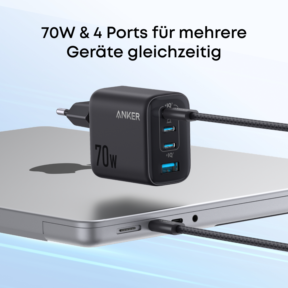 Schwarzes Anker-Ladegerät mit 4 Anschlüssen und 70 W Leistung, an einen Laptop angeschlossen. Text oben: 70W & 4 Ports für mehrere Geräte gleichzeitig.