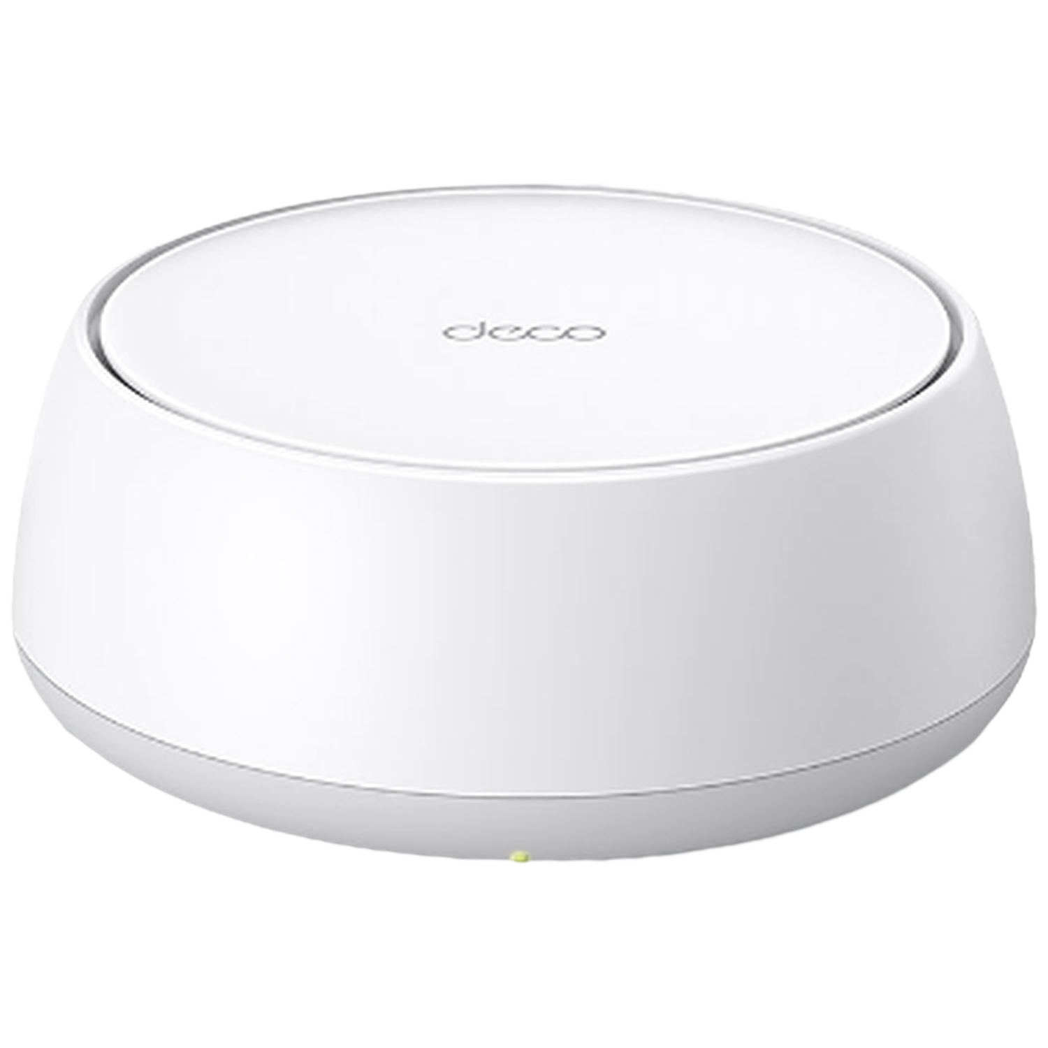 Un routeur Deco blanc au design arrondi. Le dessus porte le logo 'deco'. La base est également blanche avec une petite lumière verte.