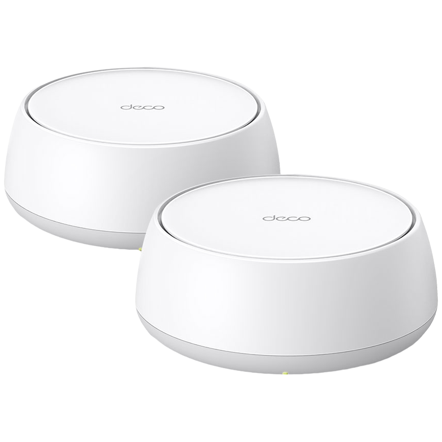 Deux appareils Wi-Fi maillés Deco blancs. Chacun a une forme arrondie, en forme de bol. 'Deco' est imprimé sur le dessus. Ils sont posés sur une surface blanche.