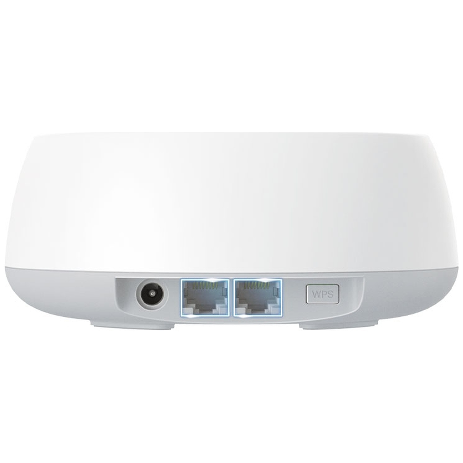 Un routeur blanc et gris avec des ports et un bouton WPS. L'arrière comprend une entrée d'alimentation, deux ports Ethernet et un bouton WPS.