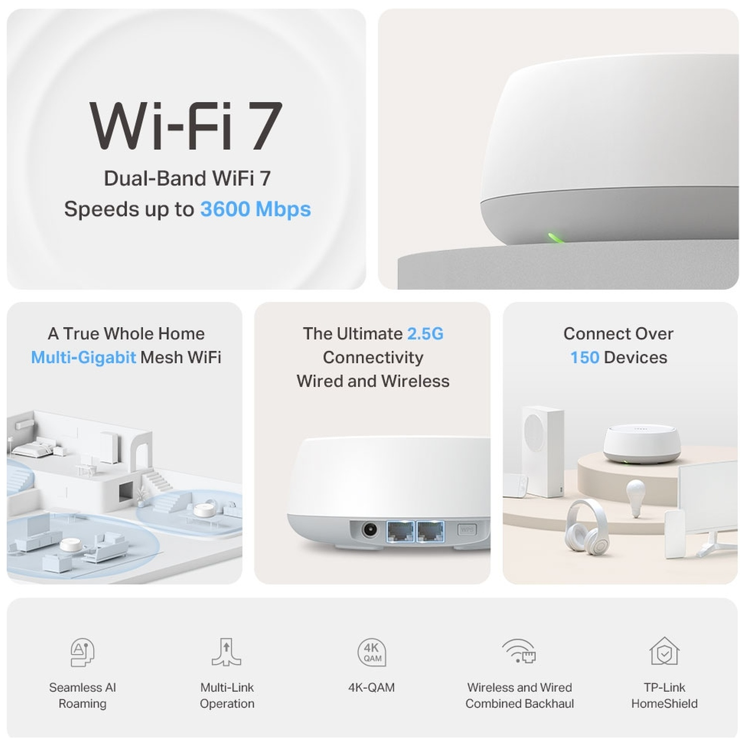 L'image présente un routeur Wi-Fi 7 avec des spécifications, dont une vitesse allant jusqu'à 3600 Mbps. Il dispose du Wi-Fi Mesh et connecte 150+ appareils.