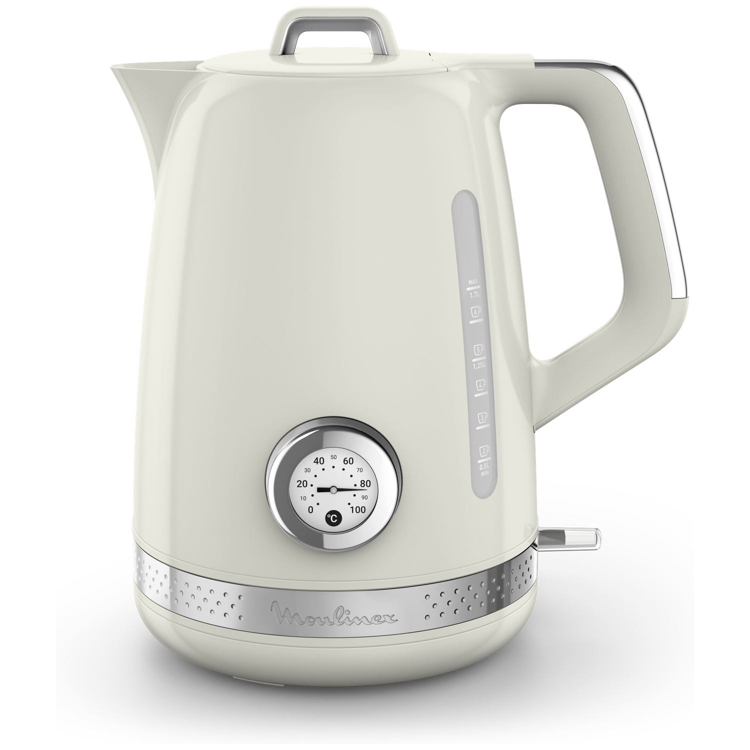 Cream-colored electric kettle with a temperature gauge. Features a handle, spout, and water level indicator. Has a silver base with the brand name.