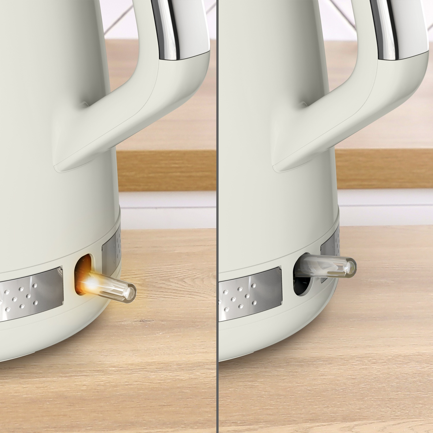 Electric kettle, cream-colored, with a glowing light. Right side shows a clear tube. Left side, tube is illuminated. Wooden surface.