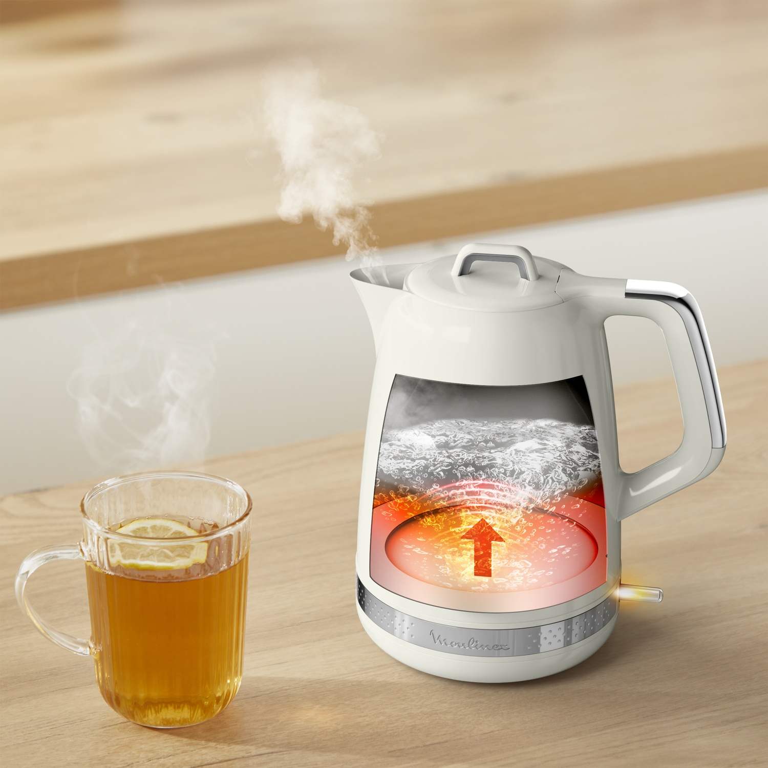 A kettle with steam, a cup of tea with lemon, and a cross-section showing boiling water with an up arrow.
