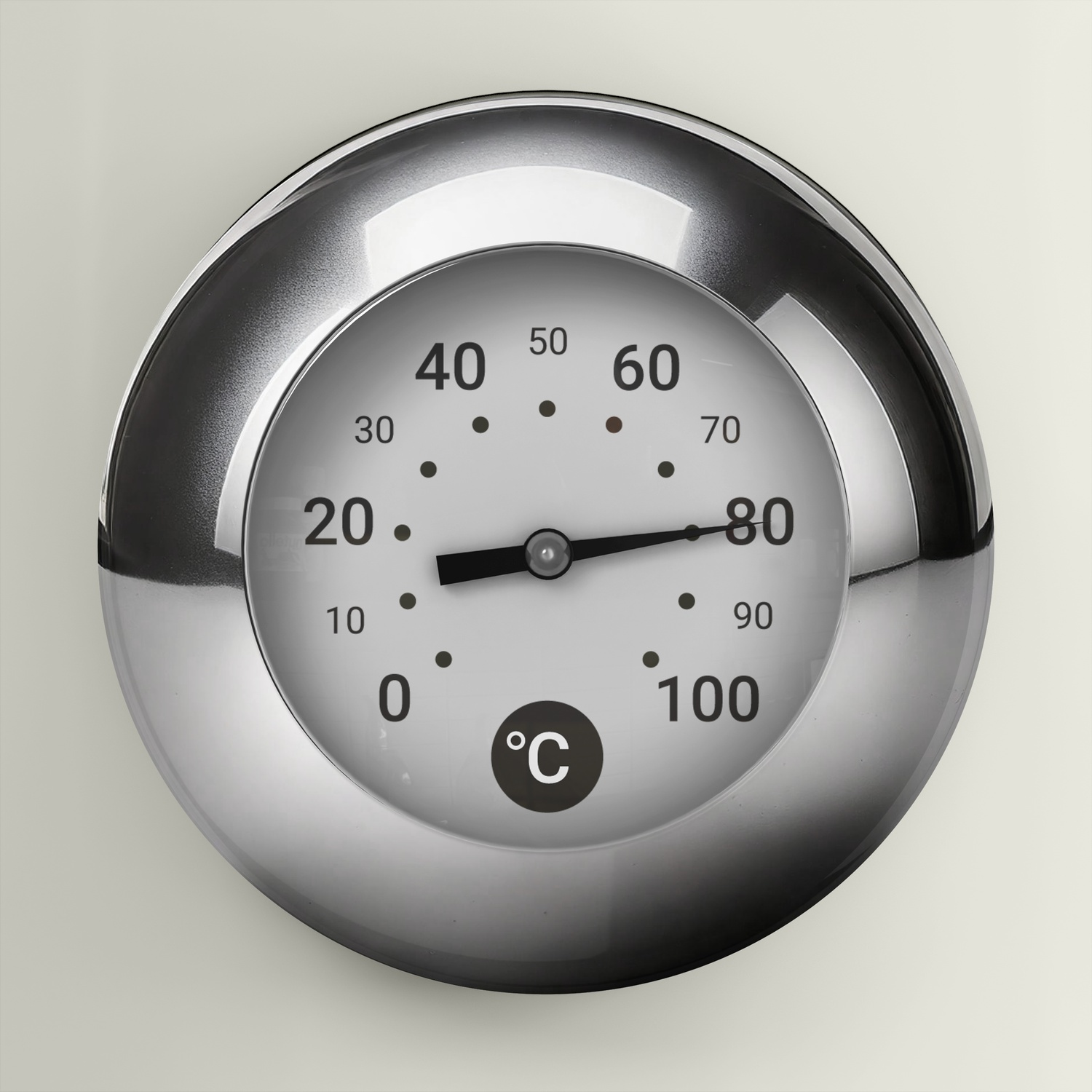 A round thermometer, chrome bezel, white face, black numbers, and a needle pointing at 80 degrees Celsius.