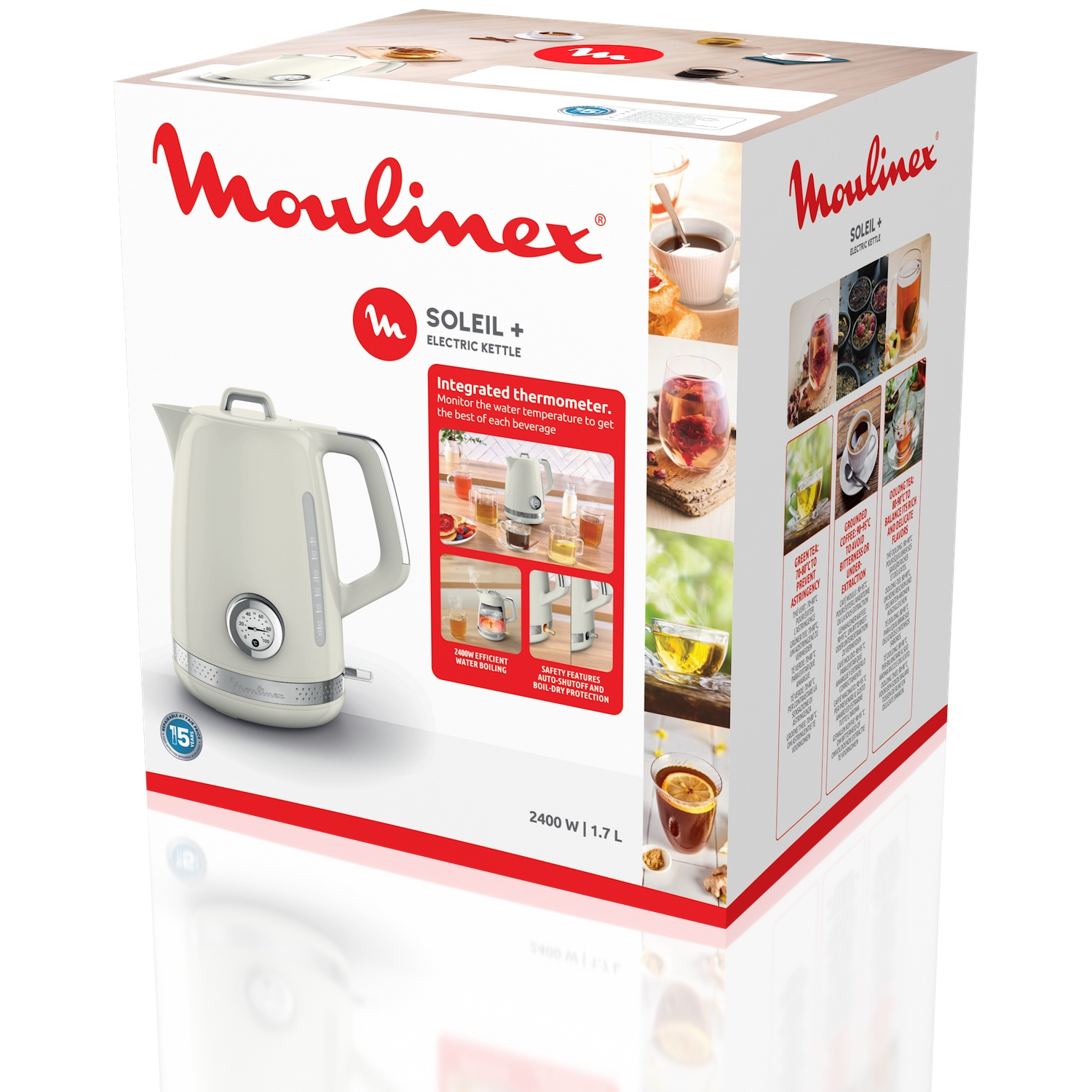A Moulinex electric kettle box. The box displays the kettle and various beverages. The kettle is white with a temperature gauge.