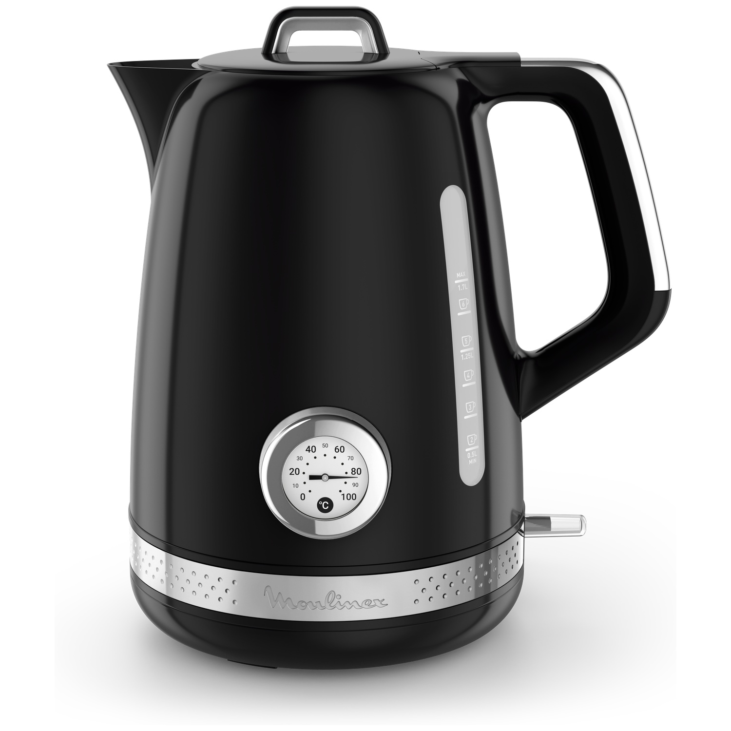 Une bouilloire noire avec une garniture et une poignée argentées. Elle possède un thermomètre et un indicateur de niveau d'eau. La marque est Moulinex.