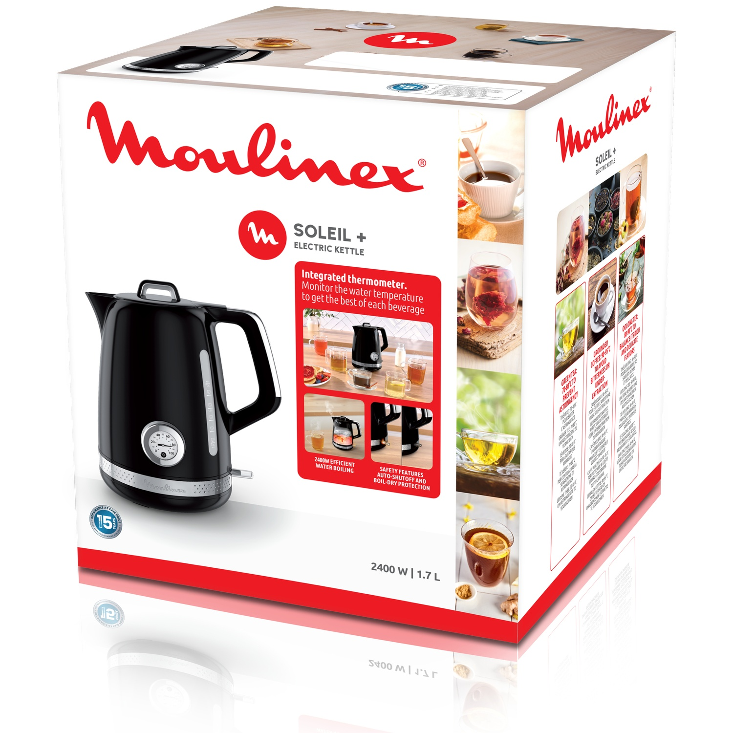 Boîte d'une bouilloire électrique noire Moulinex. Elle a un thermomètre et des images de boissons. La boîte est sur une surface blanche.