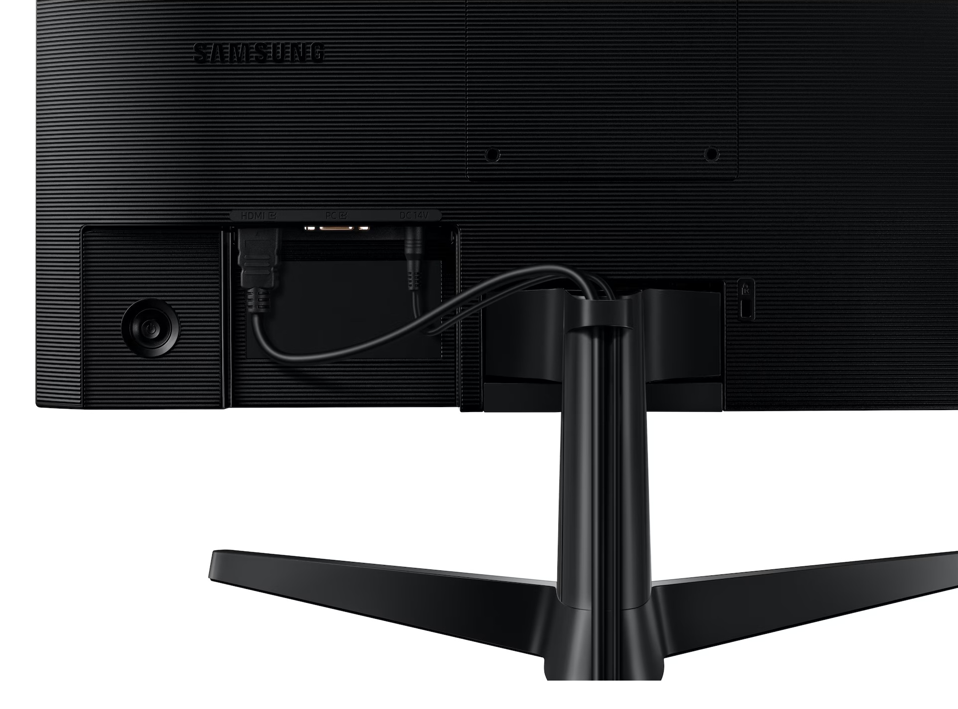 Tył czarnego monitora Samsung z portami, kablami i podstawą. Nazwa marki znajduje się na górze.