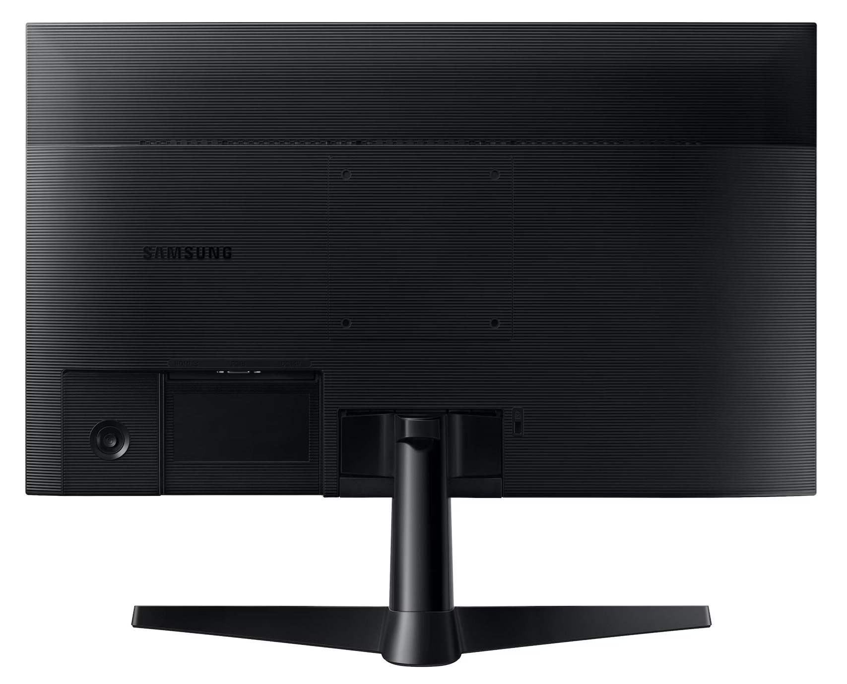 Pokazano tył czarnego monitora Samsung. Ma żebrowaną teksturę, porty i podstawkę. Widoczne jest logo Samsung.