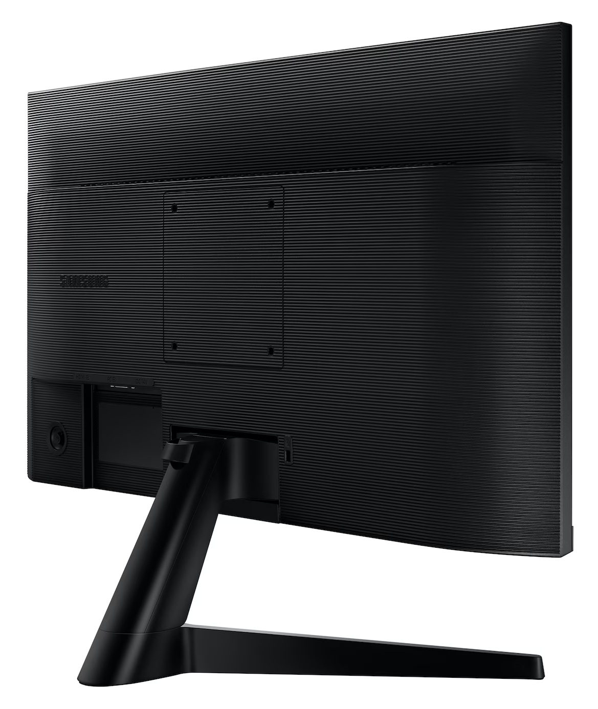 Tył czarnego monitora Samsung ze stojakiem. Powierzchnia jest teksturowana. Widoczne są porty i nazwa marki.