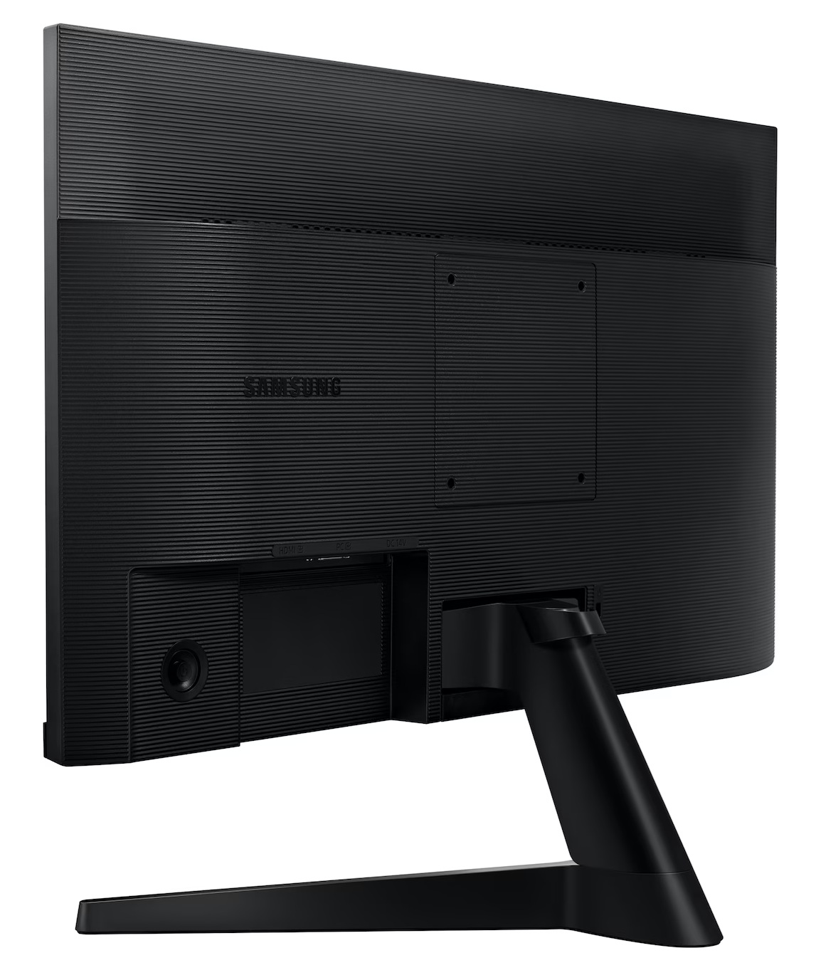 Czarny tył monitora Samsung. Zawiera porty, podstawę i teksturowaną powierzchnię. Widoczne logo Samsung.