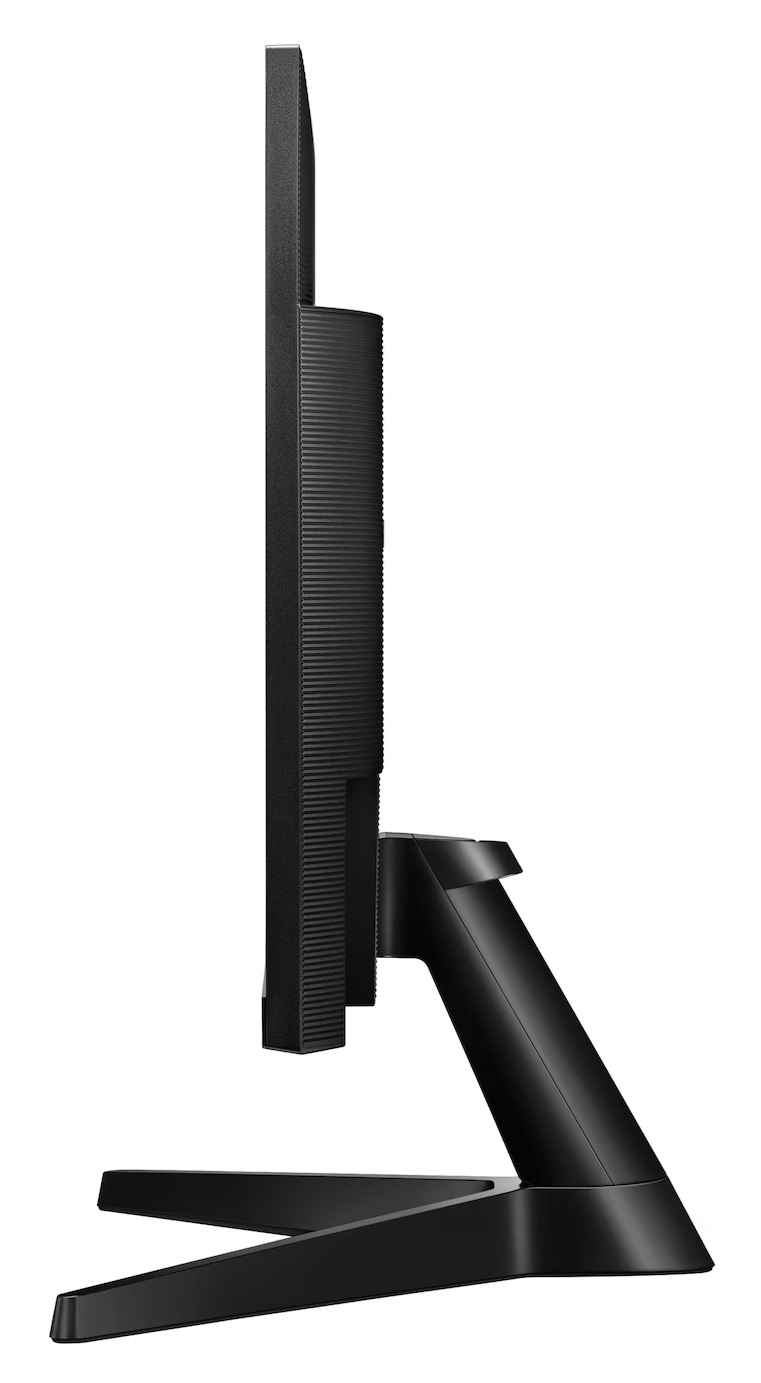 Widok z boku czarnego monitora komputerowego. Ekran jest cienki, a stojak ma nowoczesny design, z białym tłem.