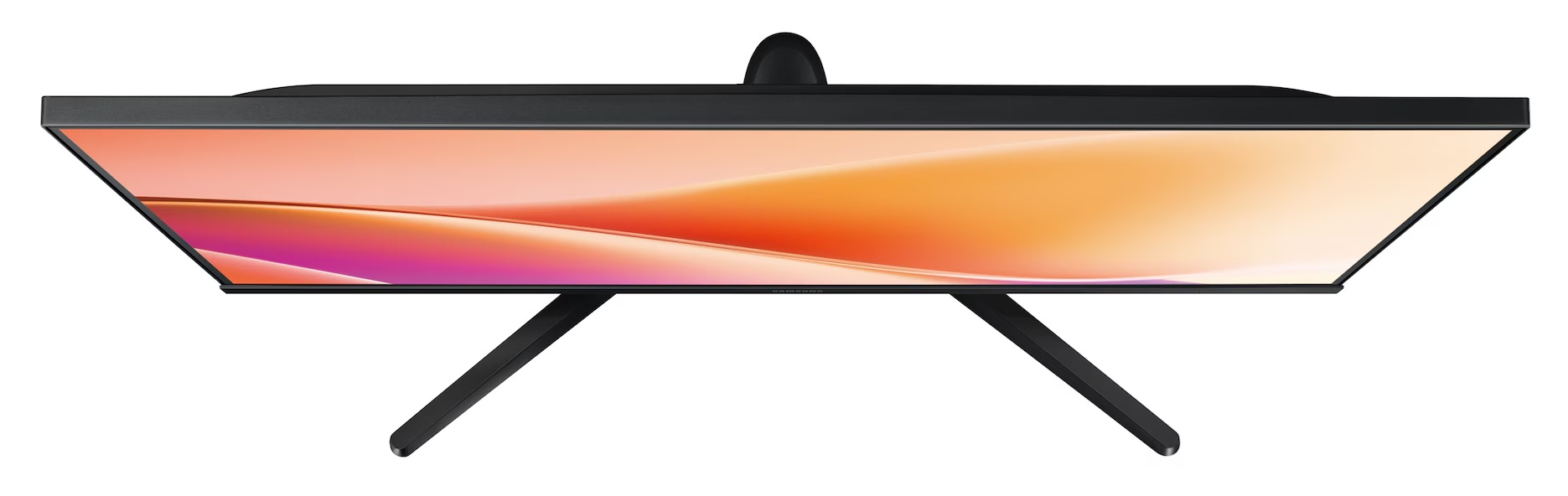 Widok z góry na czarny monitor komputera. Ekran wyświetla pomarańczowo-różowy gradient. Stojak jest czarny.
