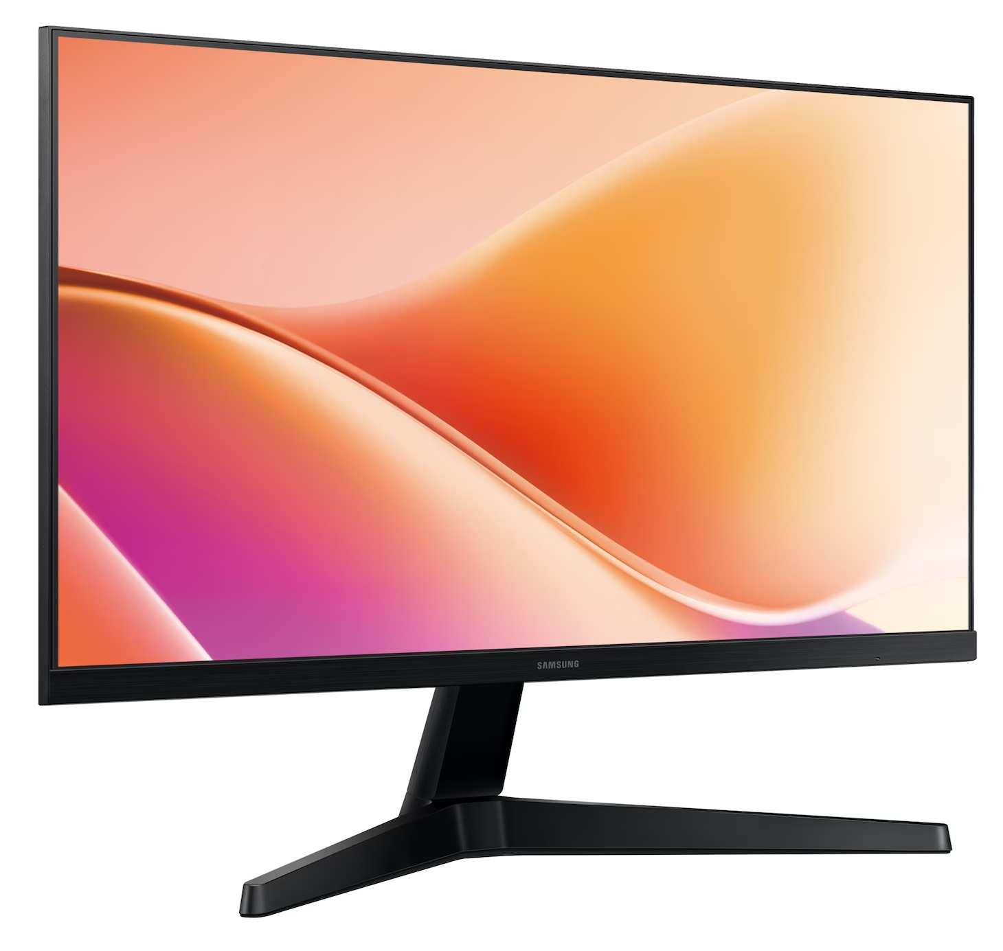 Czarny monitor Samsung wyświetla kolorowy, abstrakcyjny obraz pomarańczowych, różowych i żółtych fal. Monitor stoi na czarnym stojaku.
