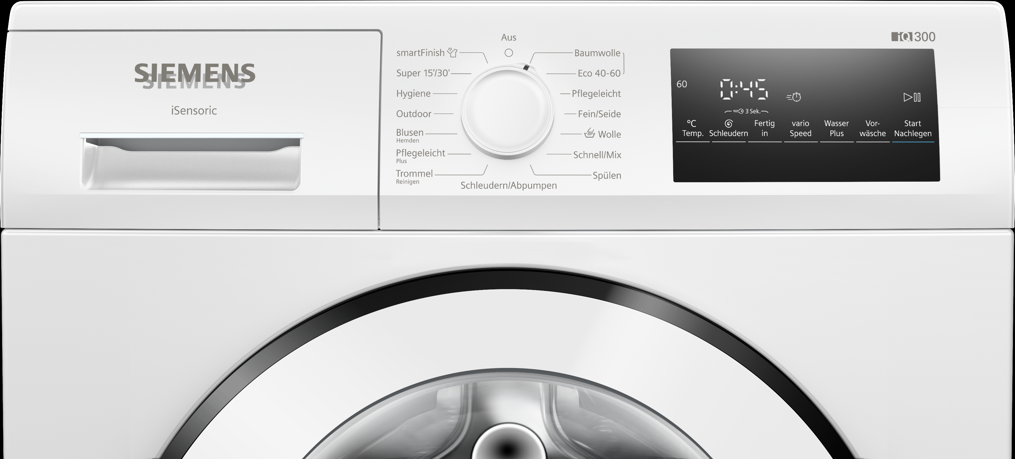 Eine weiße Siemens Waschmaschine mit Bedienfeld und Drehregler zur Auswahl der Waschprogramme.