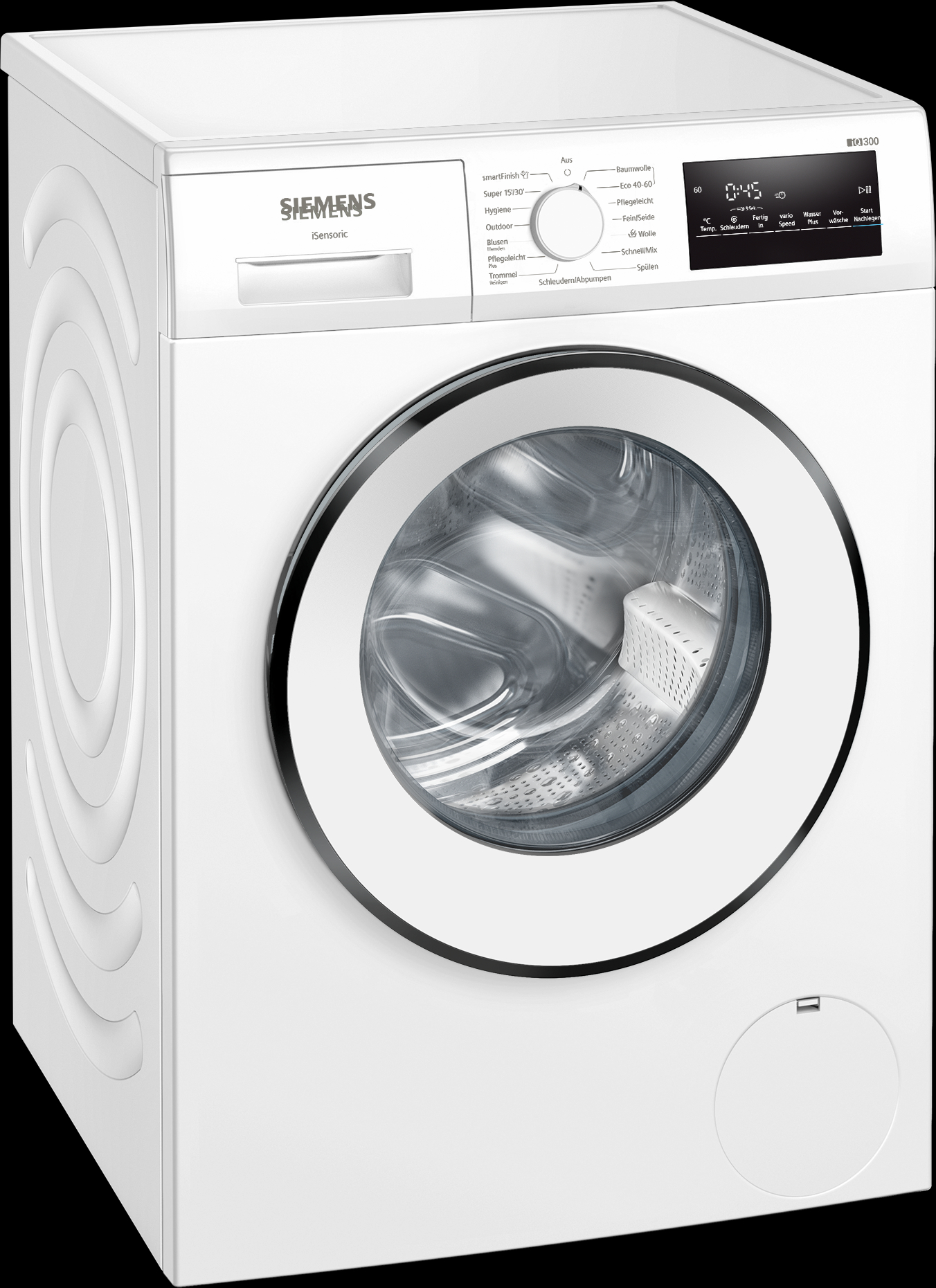 Eine weiße Siemens Waschmaschine. Sie hat eine runde Tür und ein Bedienfeld mit verschiedenen Einstellungen.